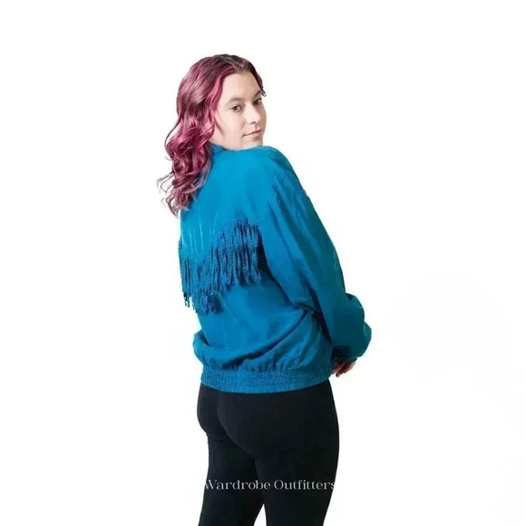 Vintage 80s Western Fringe Tassel Bright Blue Jacket - Picture 4 of 8